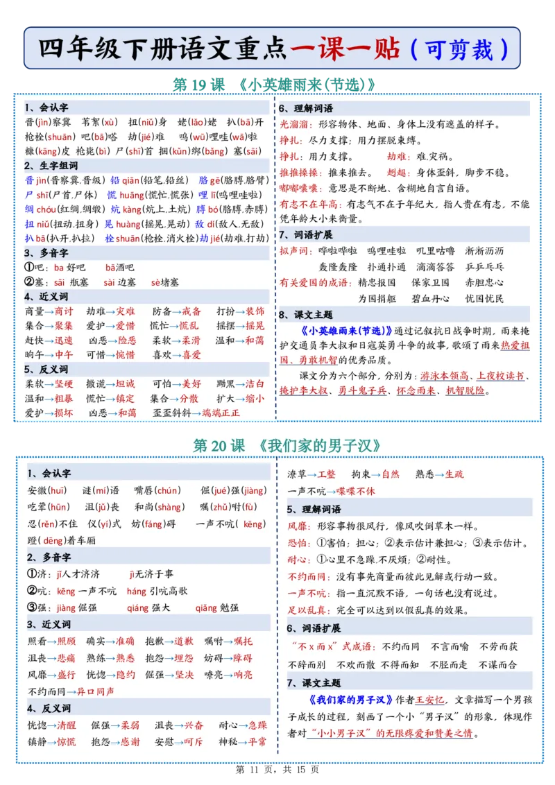 26春四年级下册语文彩色重点一课一贴_2026春人教语文《一课一贴》彩色版