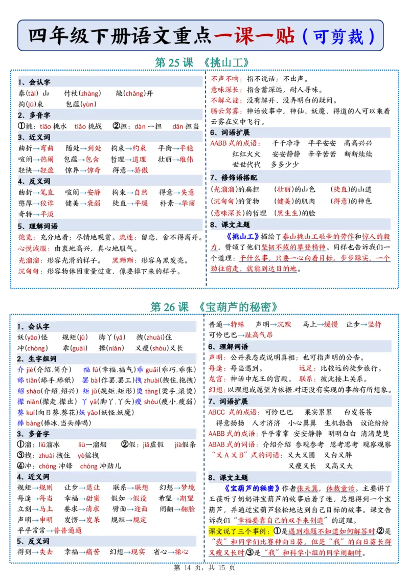 26春四年级下册语文彩色重点一课一贴_2026春人教语文《一课一贴》彩色版