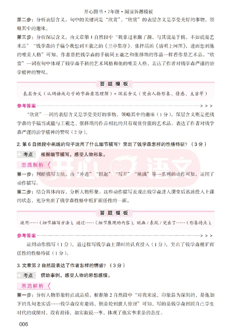 7下阅读答题模板-模板+例题+真题（试阅）_2026春小学教辅大合集_13-26春《开心》系列_同步阅读答题模板(1-8年级下册)