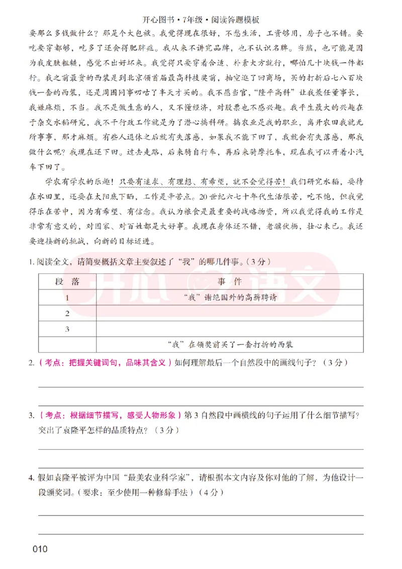 7下阅读答题模板-模板+例题+真题（试阅）_2026春小学教辅大合集_13-26春《开心》系列_同步阅读答题模板(1-8年级下册)