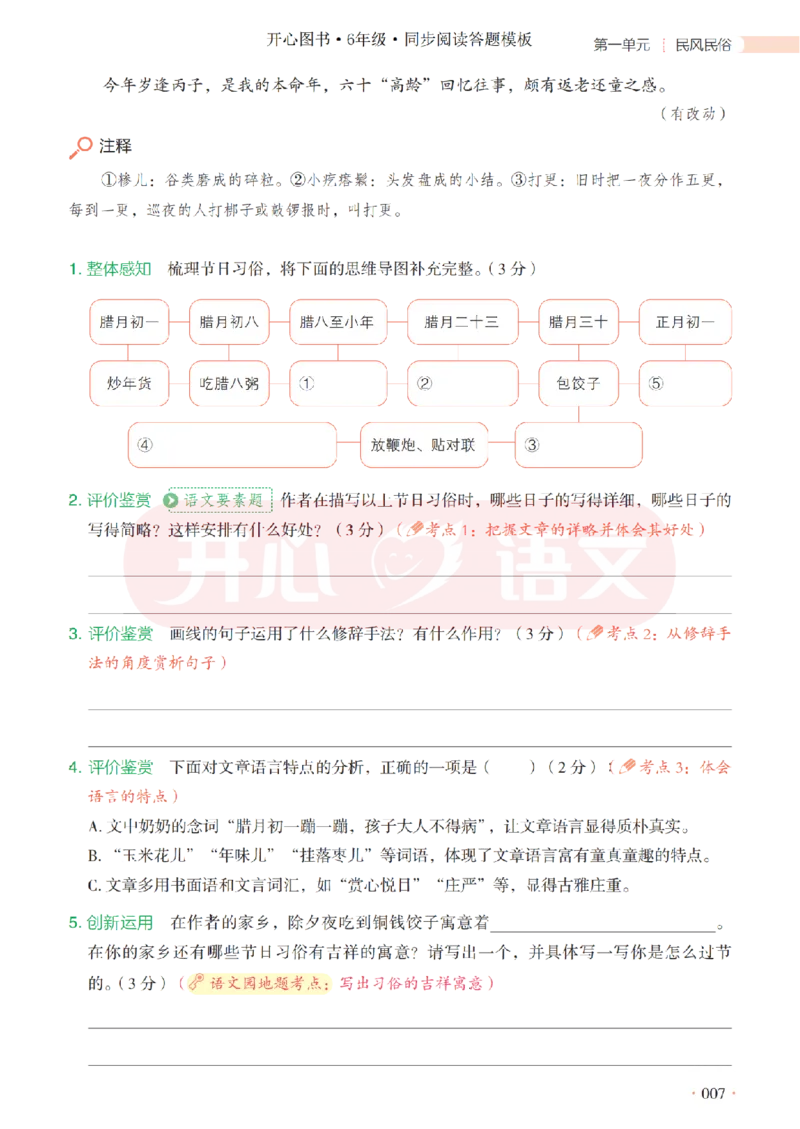 6下同步阅读答题模板-模板+例题+真题（试阅）_2026春小学教辅大合集_13-26春《开心》系列_同步阅读答题模板(1-8年级下册)