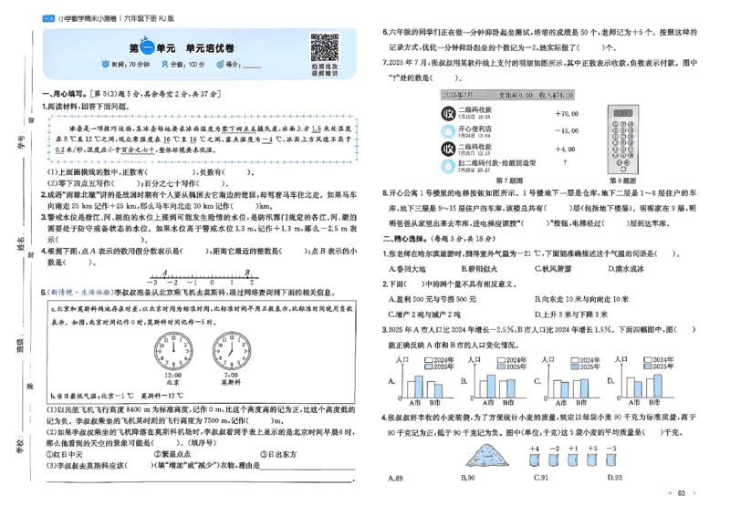 6下数学人教周末小测卷_周末预测小卷_2026《一本&bull;周末小测卷》（1-6年级下）（数学）（人教版）