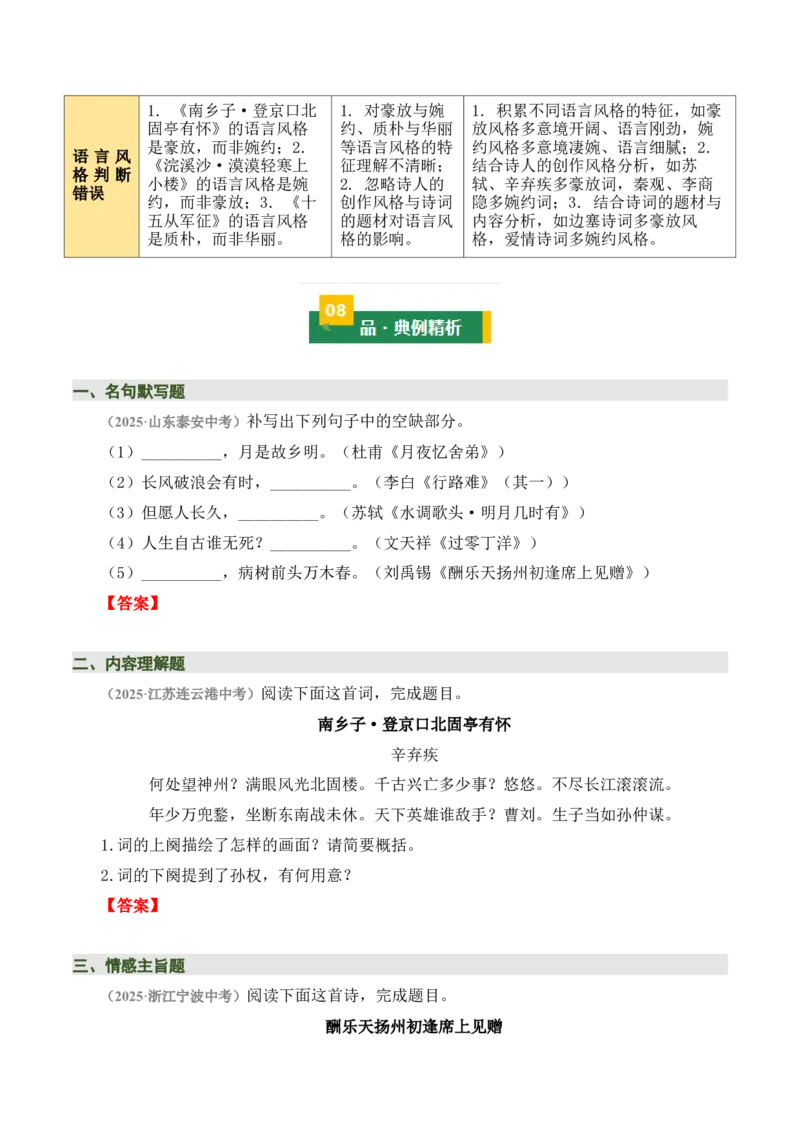 九上古诗词知识梳理（2张思维导图+15个核心考点+4个重难点+1个解题方法+4类题型方法突破+4类易错点提示5类题型解析+4个速记要点）（知识清单）原卷版_中考复习资料_语数英物化