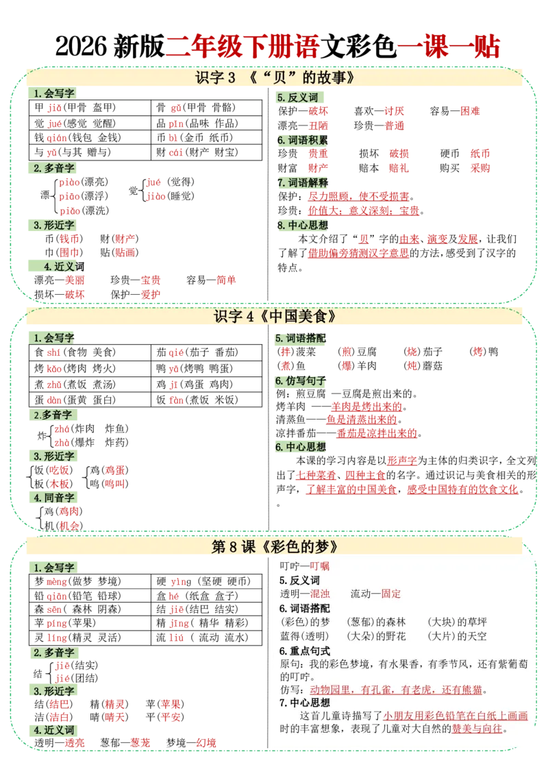 26春二年级下册语文彩色一课一贴_2026春人教语文《一课一贴》彩色版