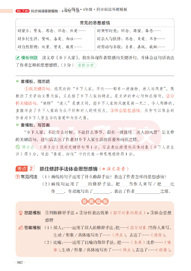 4下同步阅读答题模板-模板+例题+真题（试阅）_2026春小学教辅大合集_13-26春《开心》系列_同步阅读答题模板(1-8年级下册)