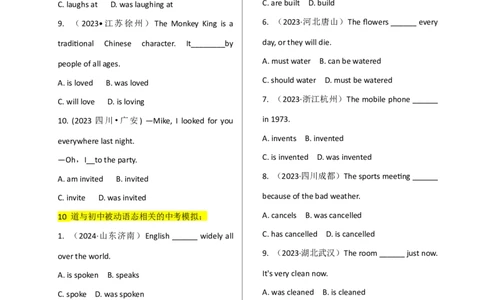 专题J-9简语法-单选题专练被动语态2025年中考英语最新讲解+练习题汇编（全国通用）_中考复习资料_语数英物化_3英语中考复习_2025中考复习资料