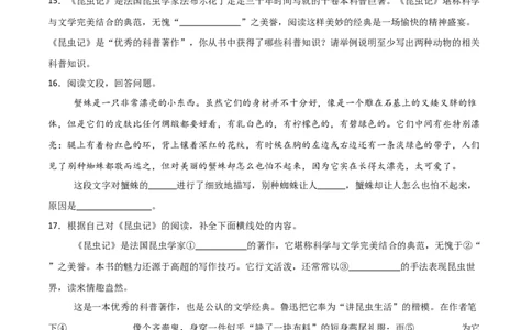 第06讲《昆虫记》整本书阅读(练习）（原卷版）_中考复习资料_语数英物化_1语文中考复习_2026年中考复习（更新中）_2026年中考语文一轮复习名著阅读