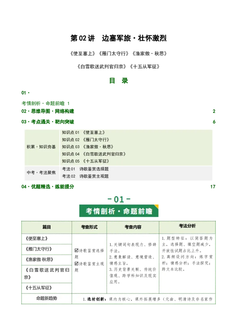 第02讲边塞军旅&middot;壮怀激烈（《使至塞上》《雁门太守行》《渔家傲&middot;秋思》《白雪歌送武判官归京》《十五从军征》）（复习讲义）（解析版）_中考复习资料_语数英物化_1语文中考复习