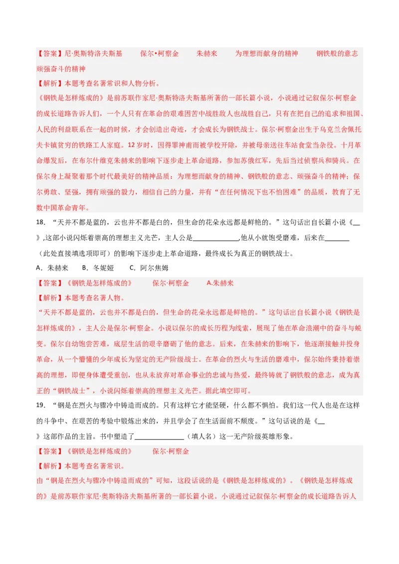 第04讲《钢铁是怎样炼成的》整本书阅读(练习）（解析版）_中考复习资料_语数英物化_1语文中考复习_2026年中考复习（更新中）_2026年中考语文一轮复习名著阅读