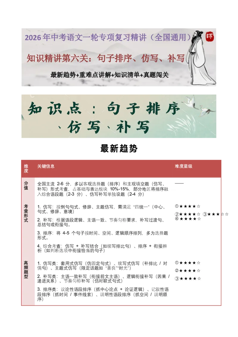 知识点精讲第六关：基础知识综合&mdash;06句子排序、仿写、补写考查趋势+重难点讲解+知识清单+真题闯关（全国通用）（原卷版）_中考复习资料_语数英物化_1语文中考复习