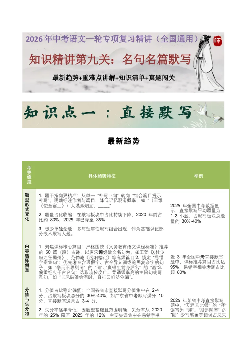 知识点精讲第九关：基础知识综合&mdash;09名句名篇默写考查趋势+重难点讲解+知识清单+真题闯关（全国通用）（解析版）_中考复习资料_语数英物化_1语文中考复习