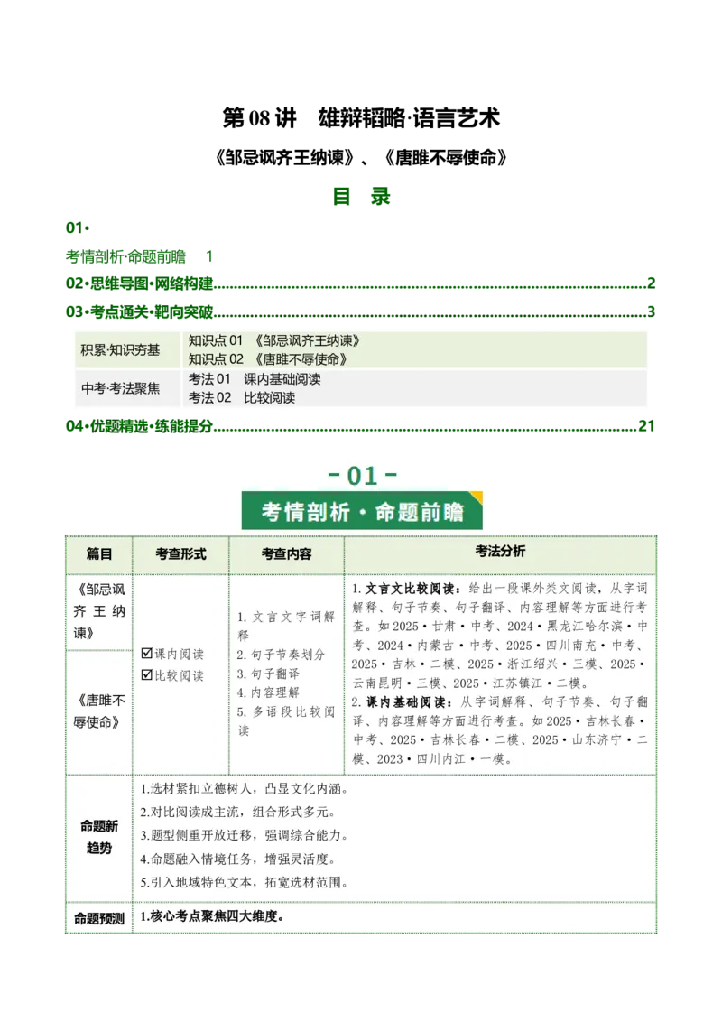 第08讲雄辩韬略&middot;语言艺术（《邹忌讽齐王纳谏》《唐雎不辱使命》）（复习讲义）（原卷版）_中考复习资料_语数英物化_1语文中考复习_2026年中考复习（更新中）