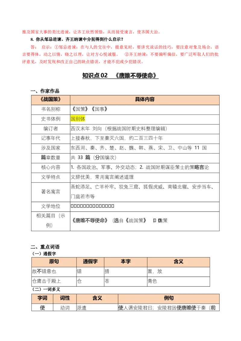 第08讲雄辩韬略&middot;语言艺术（《邹忌讽齐王纳谏》《唐雎不辱使命》）（复习讲义）（原卷版）_中考复习资料_语数英物化_1语文中考复习_2026年中考复习（更新中）