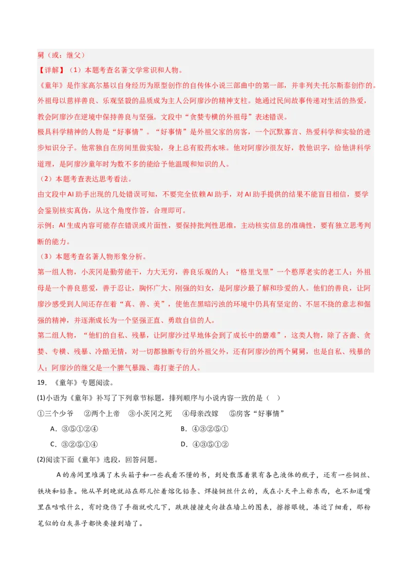 第01讲《童年》整本书阅读(练习）（解析版）_中考复习资料_语数英物化_1语文中考复习_2026年中考复习（更新中）_2026年中考语文一轮复习名著阅读