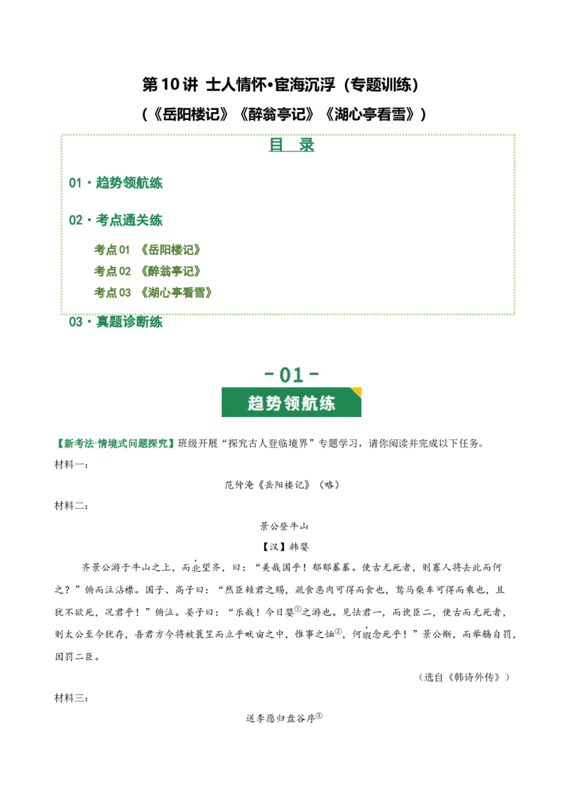 第10讲士人情怀&middot;宦海沉浮（《岳阳楼记》《醉翁亭记》《湖心亭看雪》）（专题训练）（解析版）_中考复习资料_语数英物化_1语文中考复习_2026年中考复习（更新中）