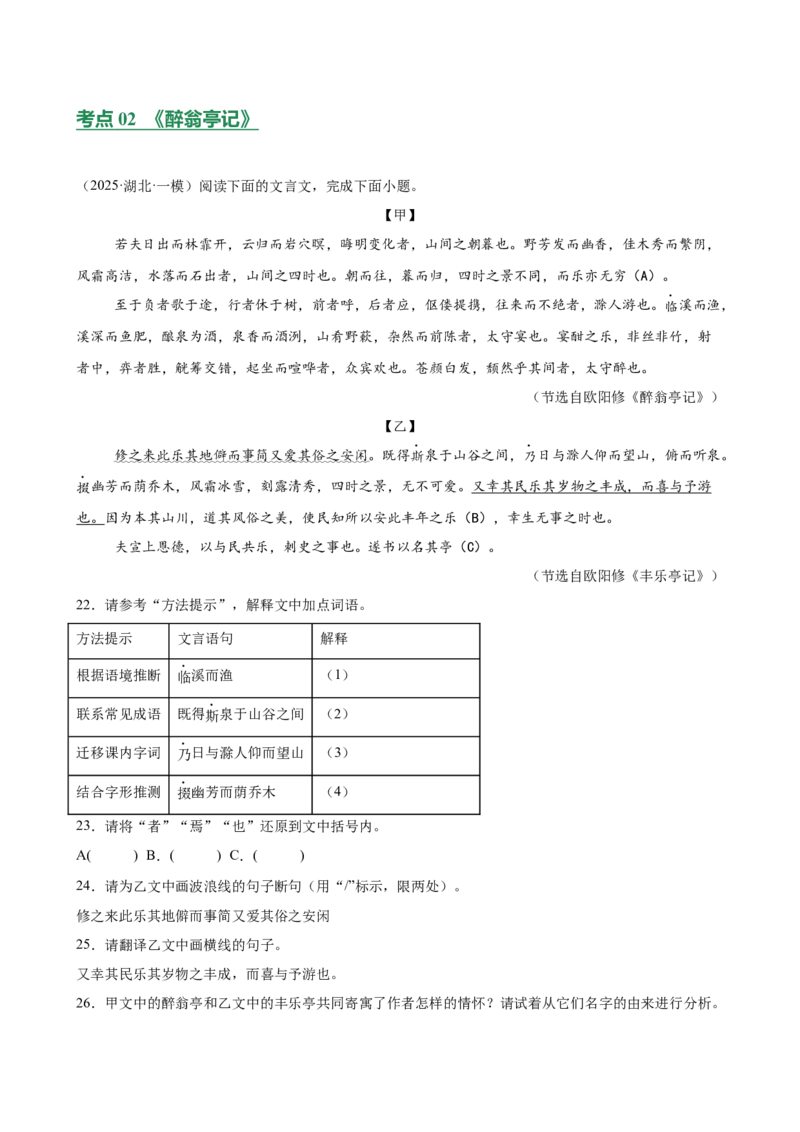 第10讲士人情怀&middot;宦海沉浮（《岳阳楼记》《醉翁亭记》《湖心亭看雪》）（专题训练）（解析版）_中考复习资料_语数英物化_1语文中考复习_2026年中考复习（更新中）