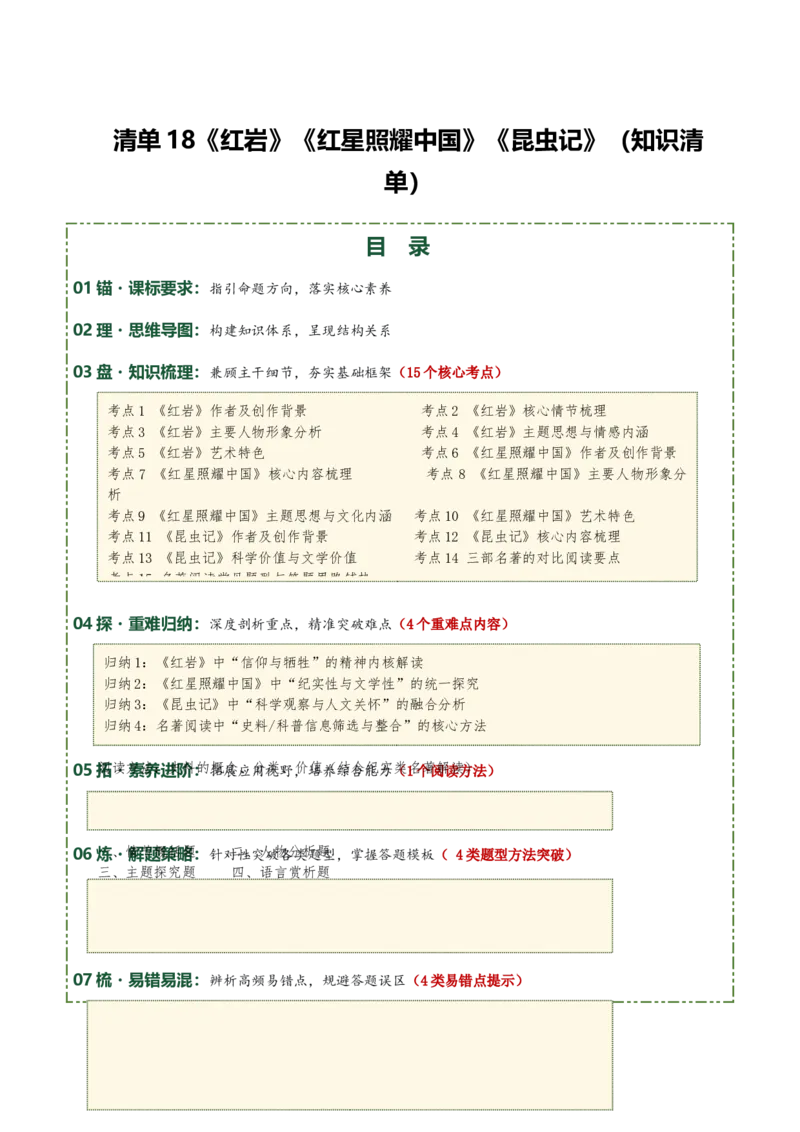 清单18《红岩》《红星照耀中国》《昆虫记》（15个核心考点+4个重难点+1个解题方法+4类题型方法突破+4类易错点提示5类题型解析+4个速记要点+15张思维导图）（知识清单）解析版