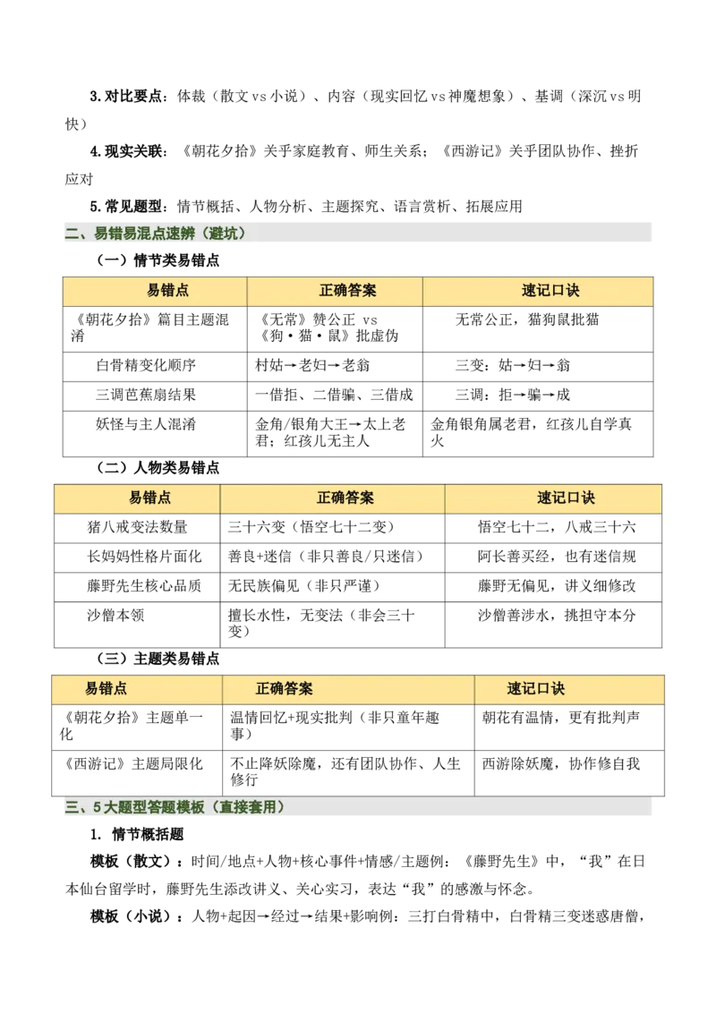 清单16《朝花夕拾》《西游记》（15个核心考点+4个重难点+1个解题方法+4类题型方法突破+4类易错点提示5类题型解析+4个速记要点+20个思维导图）（知识清单）解析版_中考复习资料
