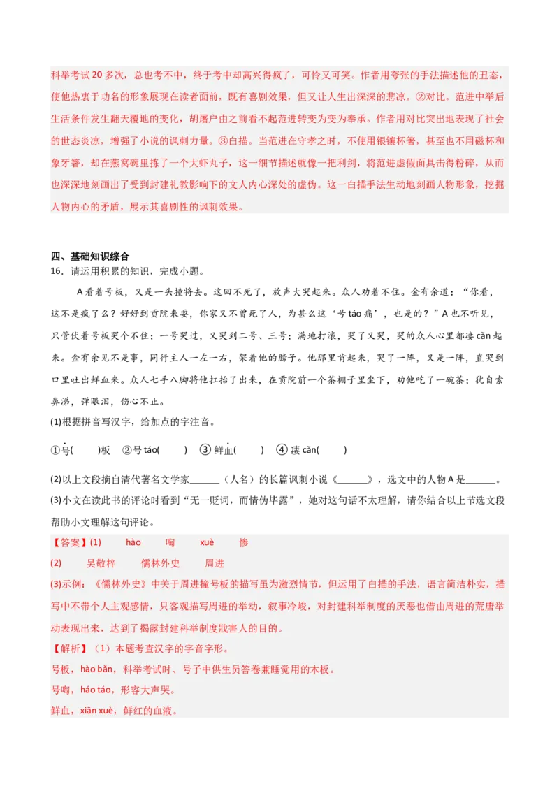 第11讲《儒林外史》整本书阅读(练习）（解析版）_中考复习资料_语数英物化_1语文中考复习_2026年中考复习（更新中）_2026年中考语文一轮复习名著阅读