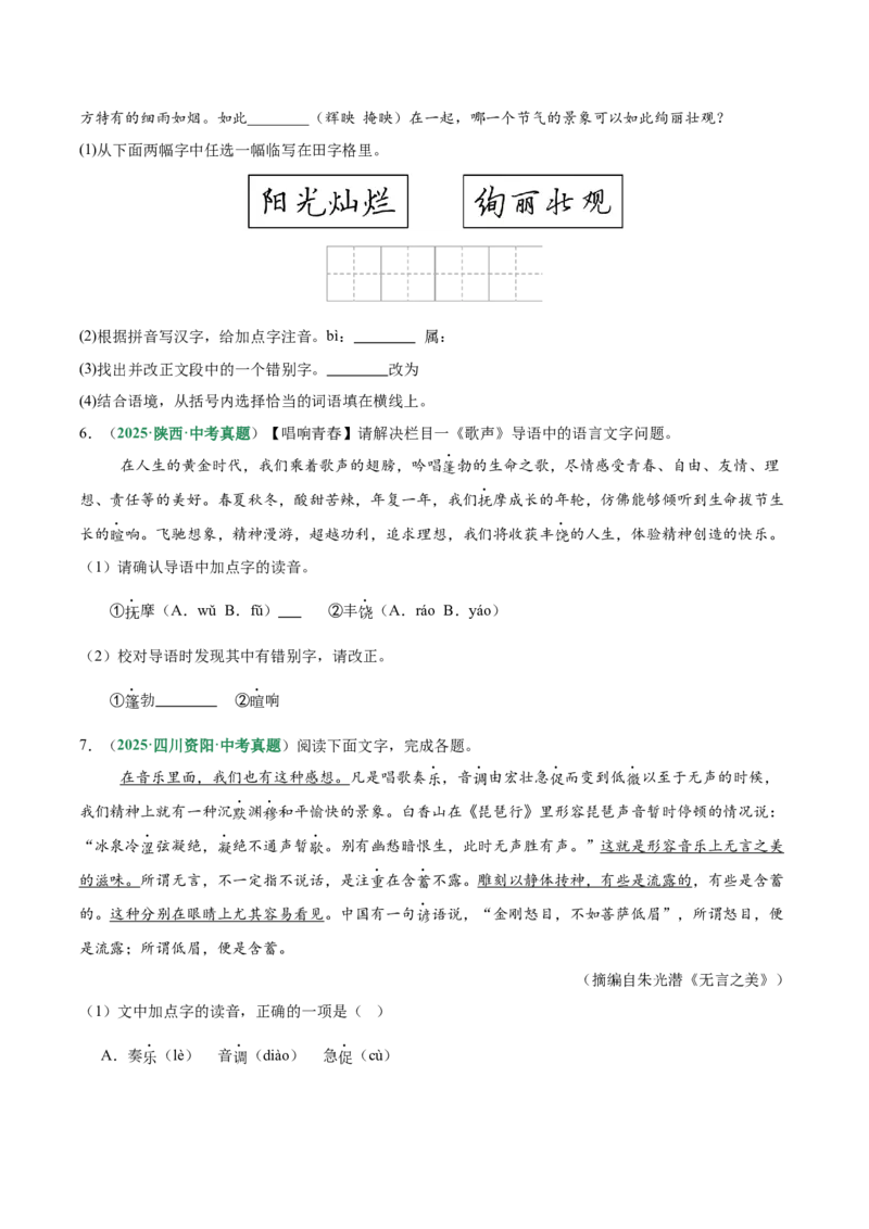 第01讲汉字：字音、字形、字义（专项训练）（原卷版）_中考复习资料_语数英物化_1语文中考复习_2026年中考复习（更新中）_2026年中考语文一轮复习讲练测（全国通用）