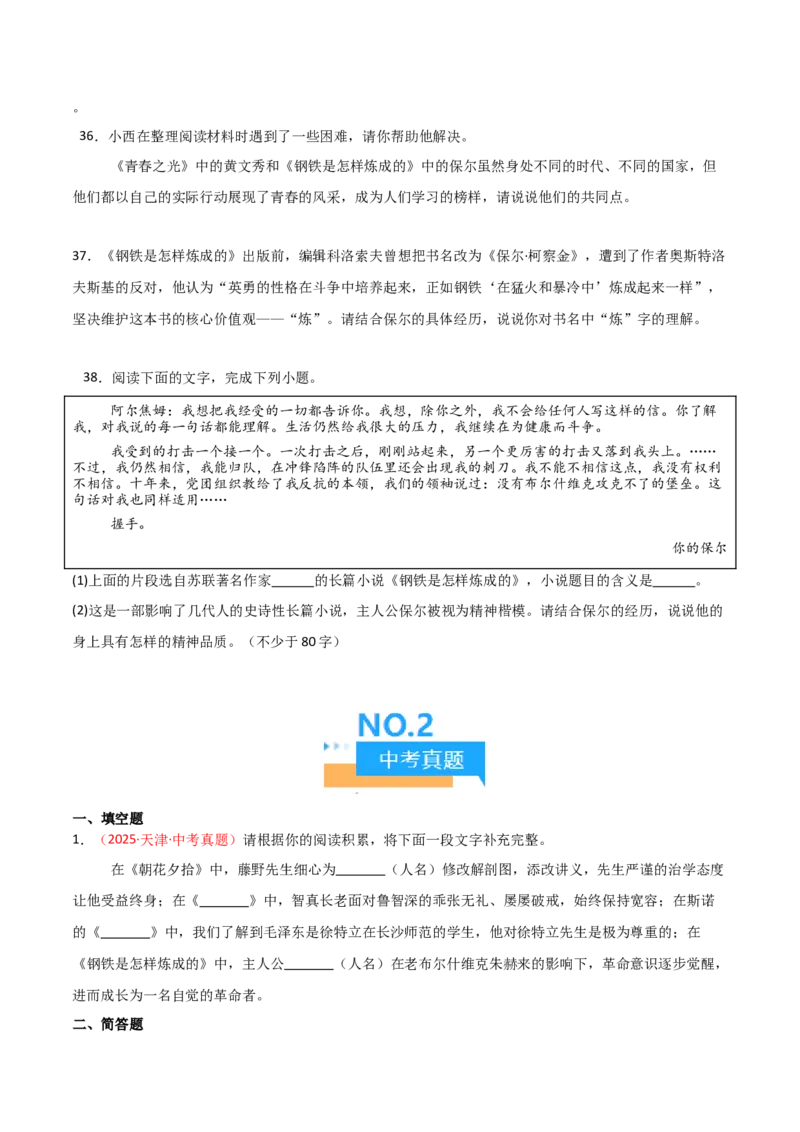 第04讲《钢铁是怎样炼成的》整本书阅读(练习）（原卷版）_中考复习资料_语数英物化_1语文中考复习_2026年中考复习（更新中）_2026年中考语文一轮复习名著阅读