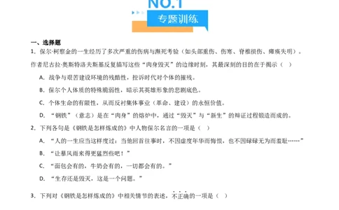 第04讲《钢铁是怎样炼成的》整本书阅读(练习）（原卷版）_中考复习资料_语数英物化_1语文中考复习_2026年中考复习（更新中）_2026年中考语文一轮复习名著阅读