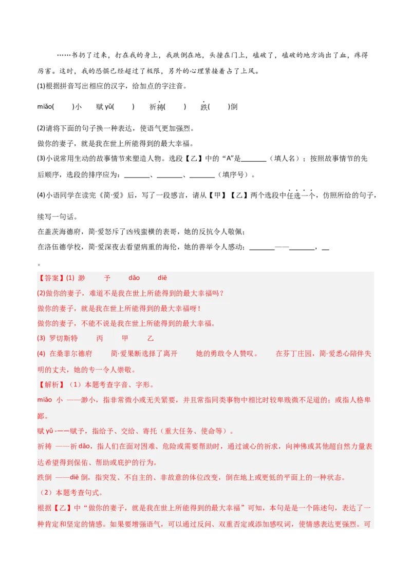 第12讲《简&middot;爱》整本书阅读(练习）（解析版）_中考复习资料_语数英物化_1语文中考复习_2026年中考复习（更新中）_2026年中考语文一轮复习名著阅读