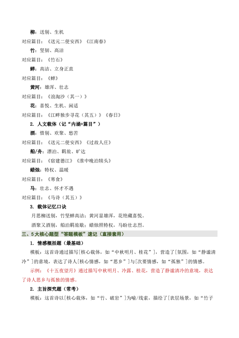 清单：六年级古诗词知识梳理（2张思维导图+15个核心考点+4个重难点+1个解题方法+4类题型方法突破+4类易错点提示5类题型解析+4个速记要点）（知识清单）原卷版_中考复习资料_语数英物化