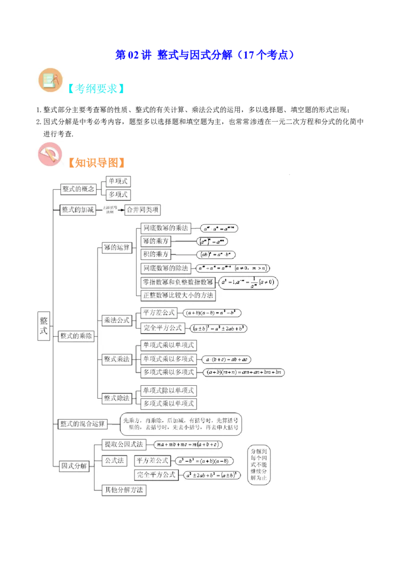 第02讲整式与因式分解（17个考点）（知识精讲）-冲刺2023年中考数学热点、重难点题型解题方法与策略+真题演练（通用版）（原卷版）_中考复习资料_语数英物化_2数学中考复习_专项复习