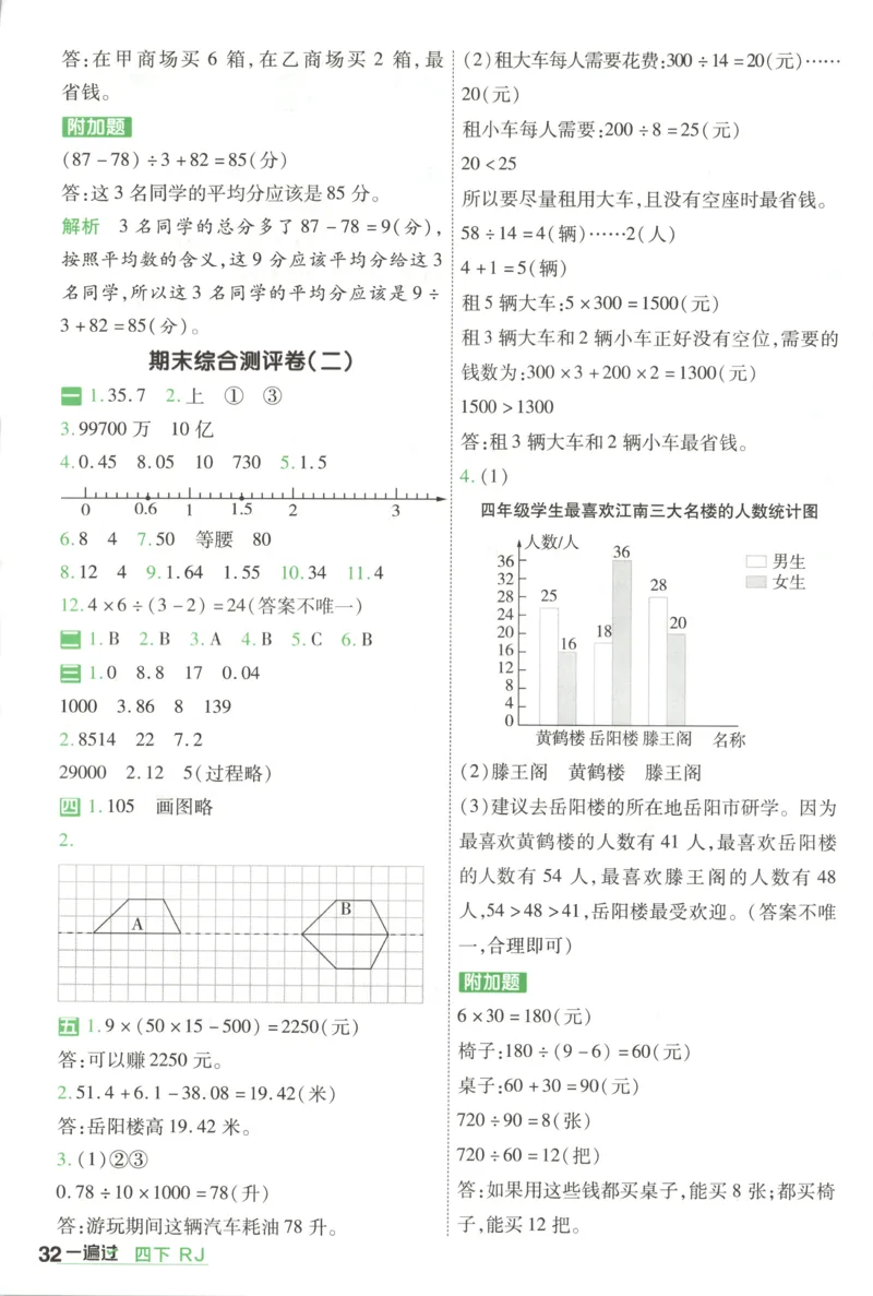 答案_2026春人教数学《一遍过》_26春《一遍过》人教数学4下