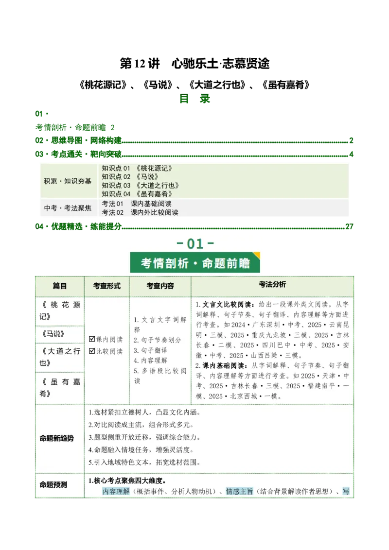 第12讲心驰乐土&middot;志慕贤途（《桃花源记》《马说》《大道之行也》《虽有嘉肴》）（复习讲义）（解析版）_中考复习资料_语数英物化_1语文中考复习_2026年中考复习（更新中）