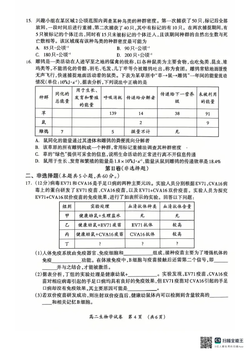 2025-2026学年度上学期期末质量检测高二年级生物2025-2026学年度上学期期末质量检测高二年级生物学试题_2026年02月高二试卷_260202广西桂林市2025-2026学年高二上学期期末质量检测（全）