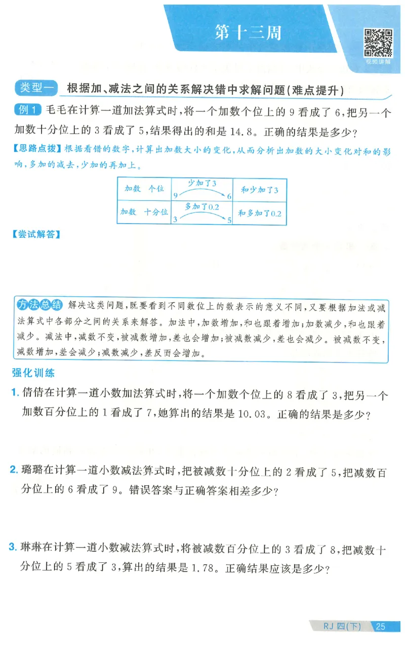 四下数学阳光同学思维提优_2026春人教数学《阳光同学课时优化作业》_4下《阳光同学课时优化作业》数学人教版26春