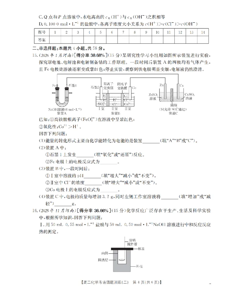 化学_扫描版_副本_2026年03月高二试卷_260326河南省多校2025-2026学年高二上学期期末考场错题训练试卷（二）_04化学_河南省多校高二上学期期末考场错题训练试卷（二）