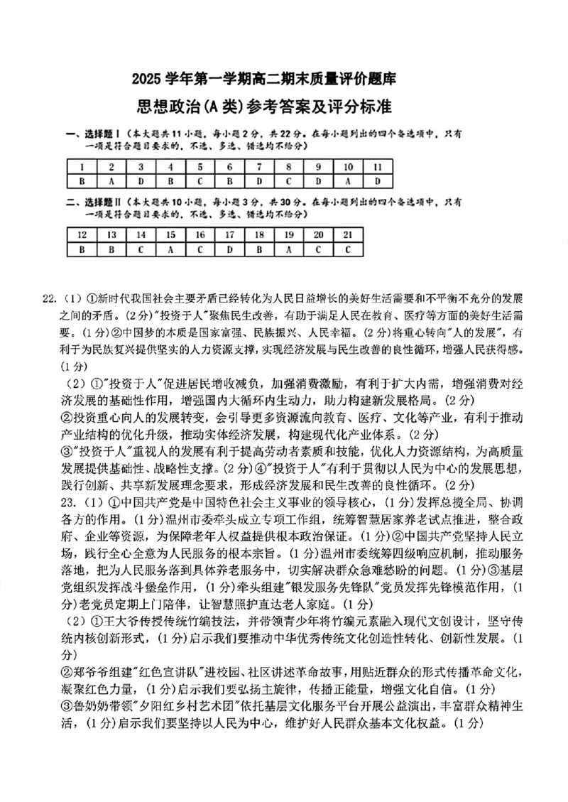 A类高二政治期末质量评价题库参考答案和评分细则_2026年02月高二试卷_260208浙江省温州市2025-2026学年高二上学期期末（A卷+B卷）（全）