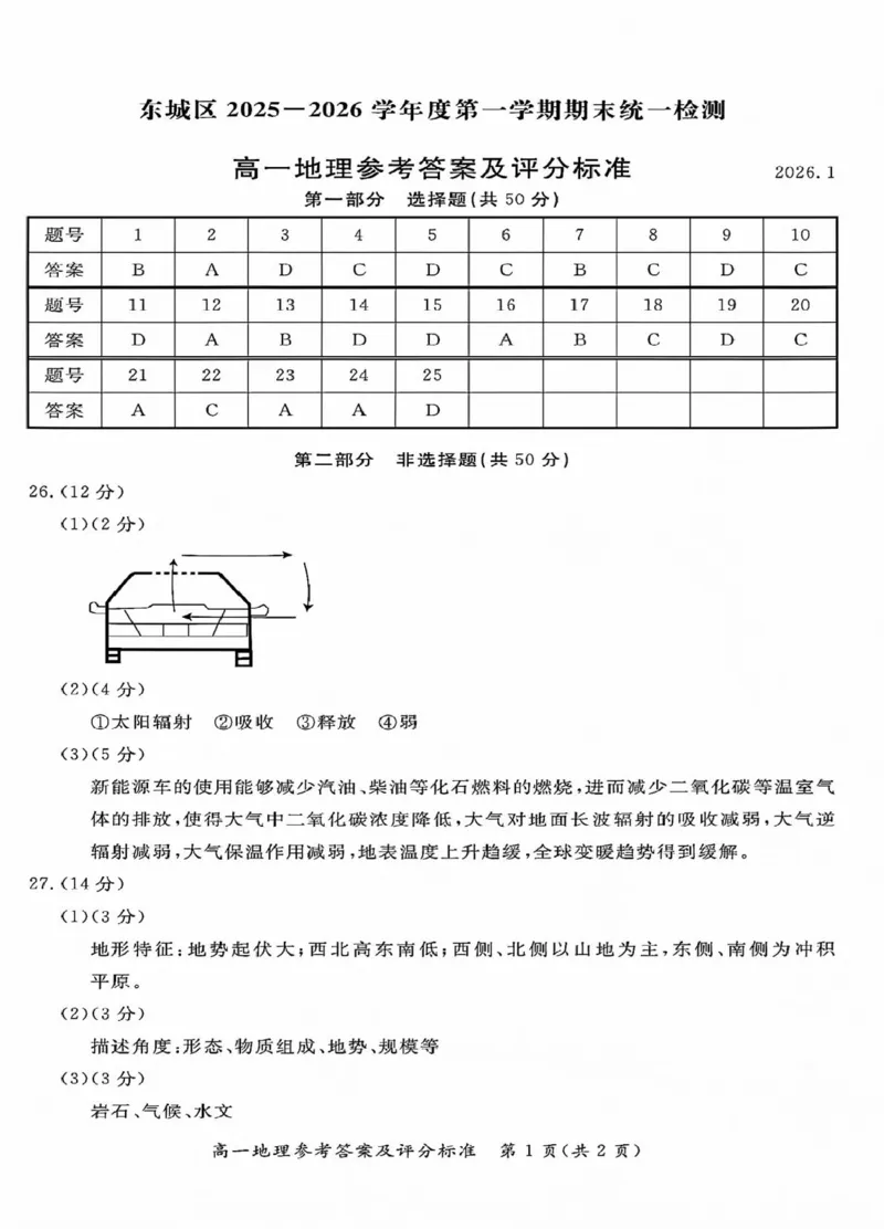 北京市东城区2025-2026学年高一上学期期末样卷地理试题（图片版，含答案）_2026年02月高一试卷_260202北京市东城区2025-2026学年高一上学期期末