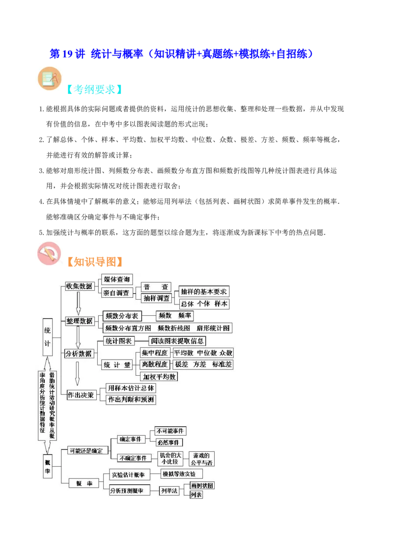 第19讲统计与概率（知识精讲+真题练+模拟练+自招练）-冲刺2023年中考数学热点、重难点题型解题方法与策略+真题演练（通用版）（原卷版）_中考复习资料_语数英物化_2数学中考复习