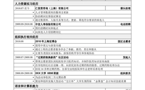 应聘人力资源专员相关工作简历模板_小升初《学生简历模板》单页+多页_行业简历_人力资源
