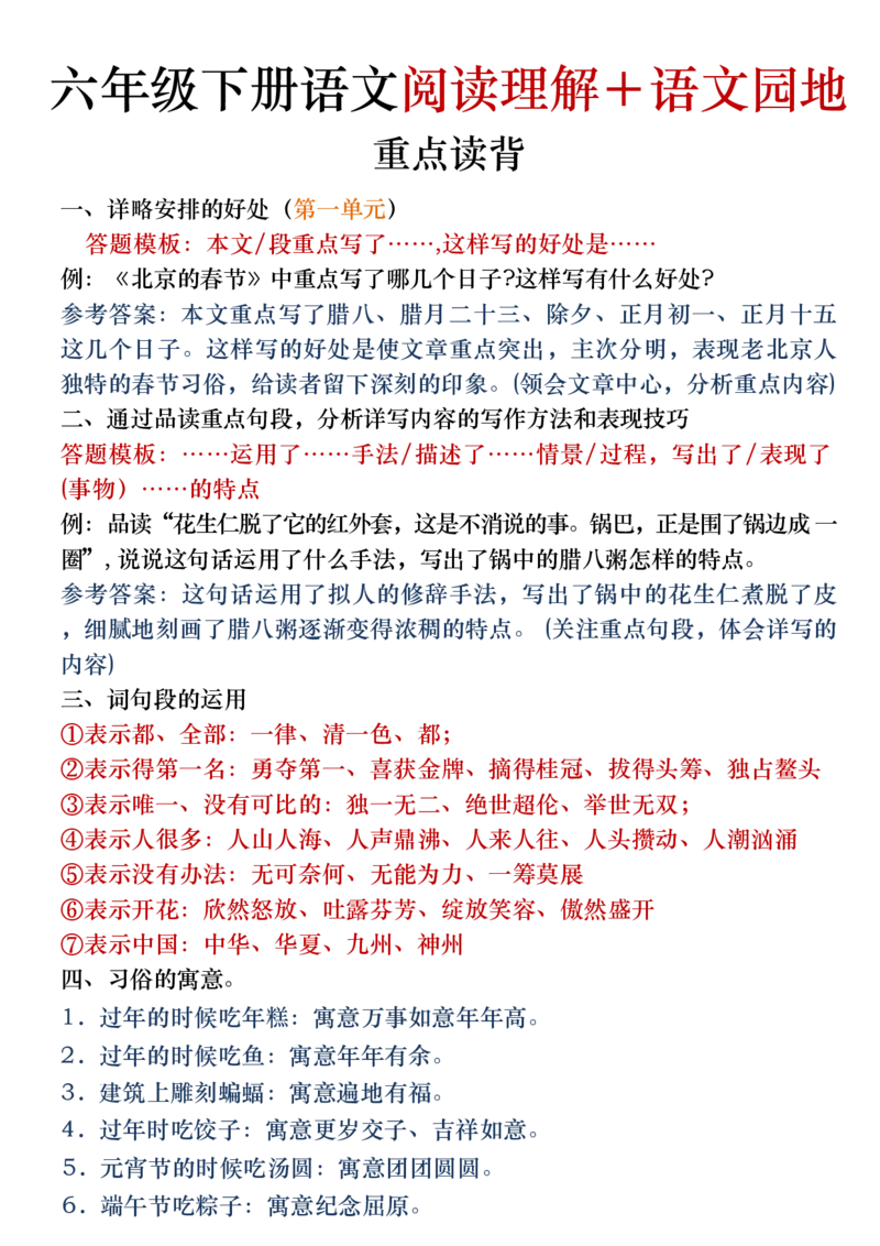 六年级（下）语文阅读理解＋语文园地专题_小升初语文期末复习资料（阅读专项+写作专项+古诗文专项）