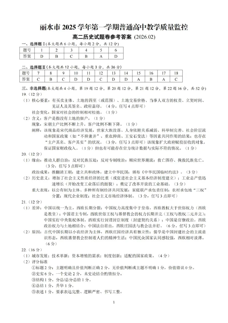 答案_2026年02月高二试卷_260219浙江省丽水市2025-2026学年上学期高二期末教学质量监控（全）_浙江省丽水市2025-2026学年上学期高二期末教学质量监控历史试题（图片版，含答案）