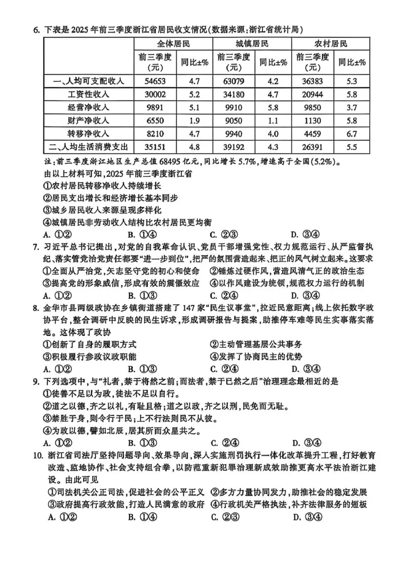 浙江省金华十校2025-2026学年高二上学期2月期末政治试题（扫描版，含答案）_2026年02月高二试卷_260215浙江省金华十校2025-2026学年高二上学期2月期末（全）