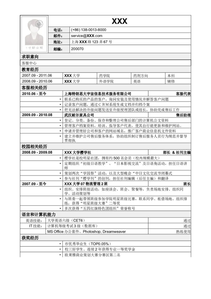 应聘客服类岗位简历模板_小升初《学生简历模板》单页+多页_行业简历_客服