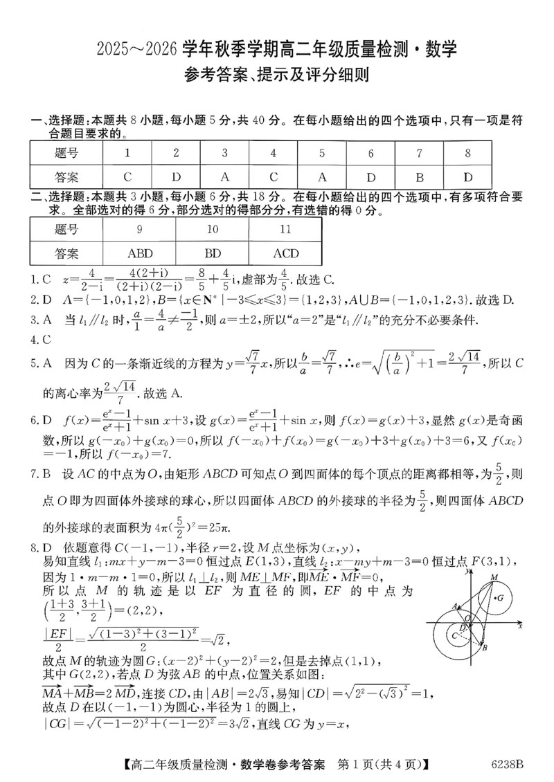参考答案提示及评分细则(1)_2026年02月高二试卷_260216云南省昭通市多县2025-2026学年高二上学期期末_云南省昭通市2025-2026学年高二上学期期末数学试题（PDF版，含解析）