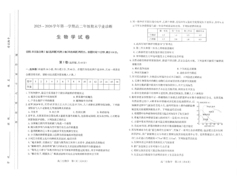 高二生物太原市2025-2026学年高二年级第一学期期末学业诊断-生物学_2026年02月高二试卷_260207山西省太原市2025-2026学年高二上学期期末学业诊断（全）