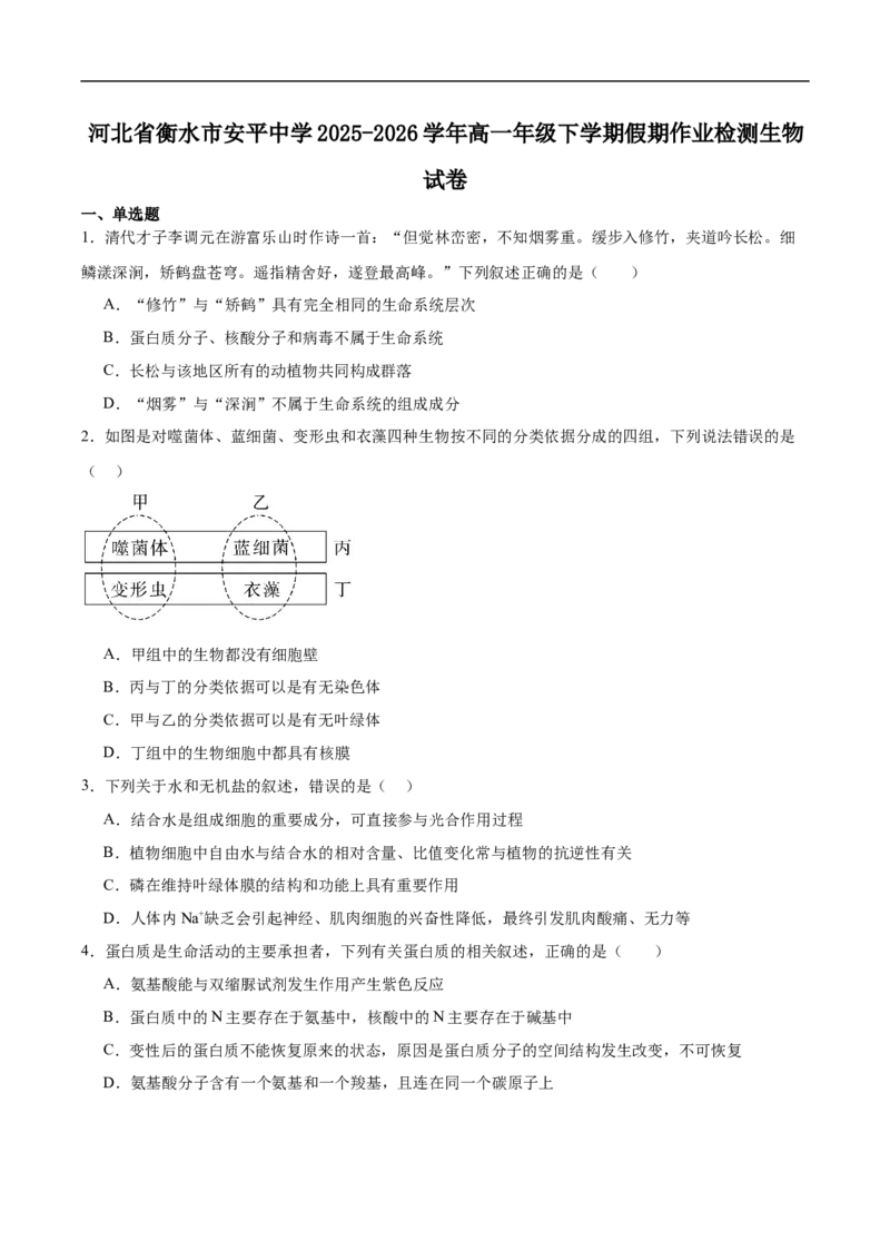 河北安平中学2025-2026学年高一下学期寒假作业测试生物试卷_2026年03月高一试卷_260317河北安平中学2025-2026学年高一下学期寒假作业测试试卷