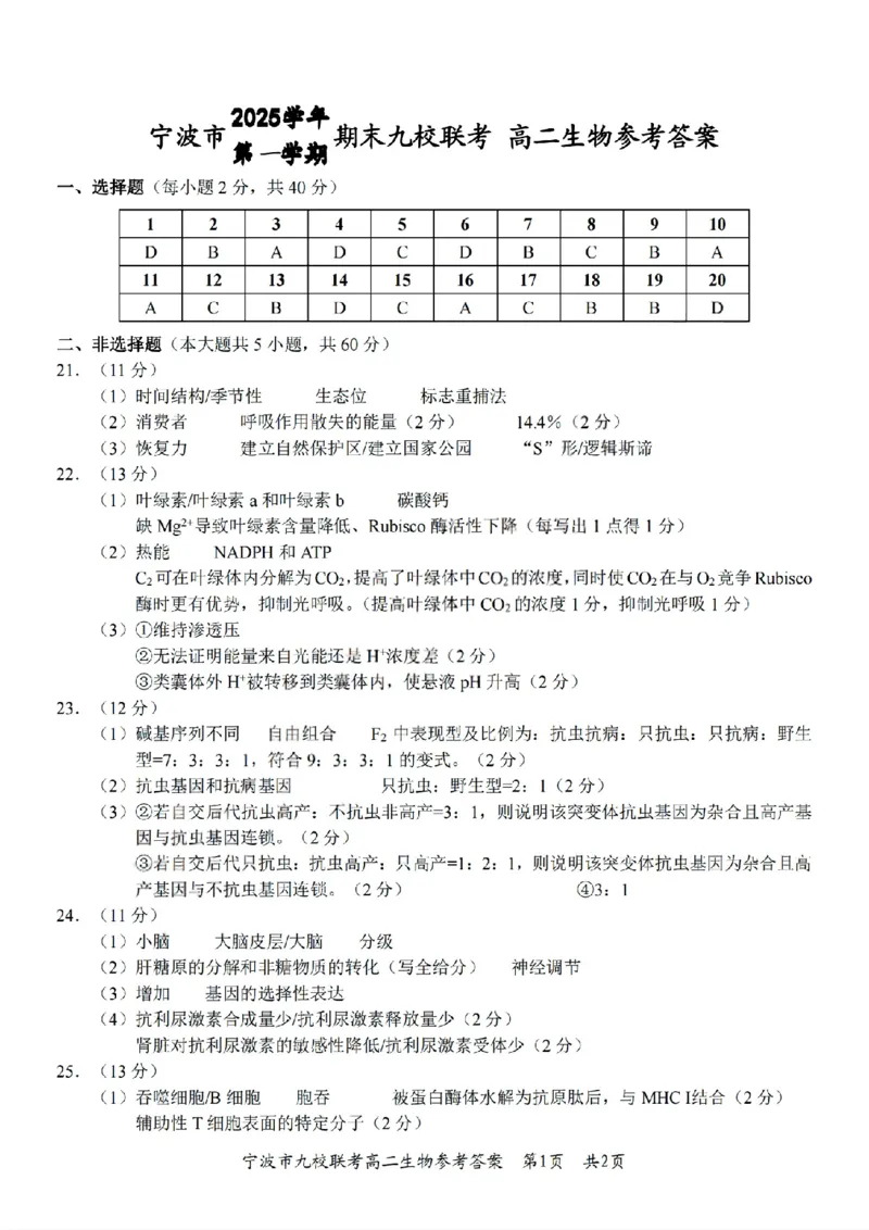 扫描件_生物答案_2026年02月高二试卷_260216浙江省宁波市九校2025-2026学年高二上学期期末联考（全）_浙江省宁波市九校2025-2026学年高二上学期期末联考生物试题（图片版，含答案）