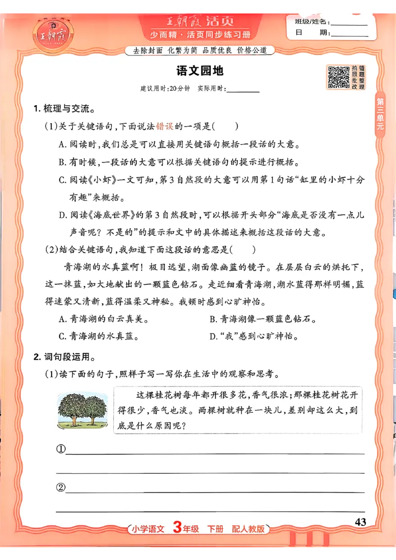 语文王朝霞活页同步练习册3下_2026春小学教辅大合集_8-26春《王朝霞》系列_02.2026春WZX活页同步练习册_26春语文