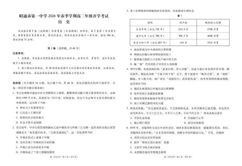 昭通市第一中学2026年春季学期高二年级开学考试历史-试卷_副本_2026年03月高二试卷_260326云南昭通市第一中学2025-2026学年春季学期高二年级开学考试