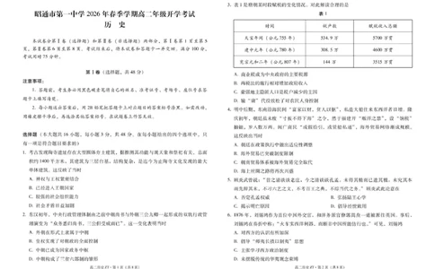 昭通市第一中学2026年春季学期高二年级开学考试历史-试卷_副本_2026年03月高二试卷_260326云南昭通市第一中学2025-2026学年春季学期高二年级开学考试