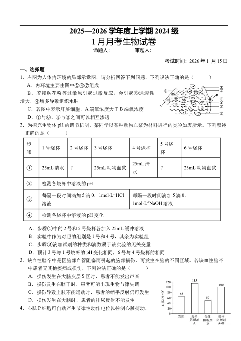 湖北省荆州市沙市中学2025-2026学年高二上学期1月月考生物试题（含答案）_2026年02月高二试卷_260201湖北省荆州市沙市中学2025-2026学年高二上学期1月月考